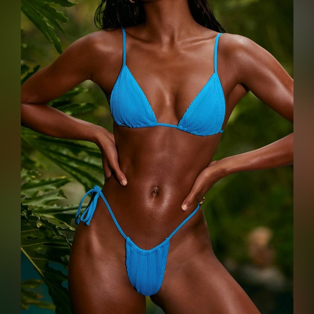 Oh Polly Neena Swim neon blue seersucker bikini set